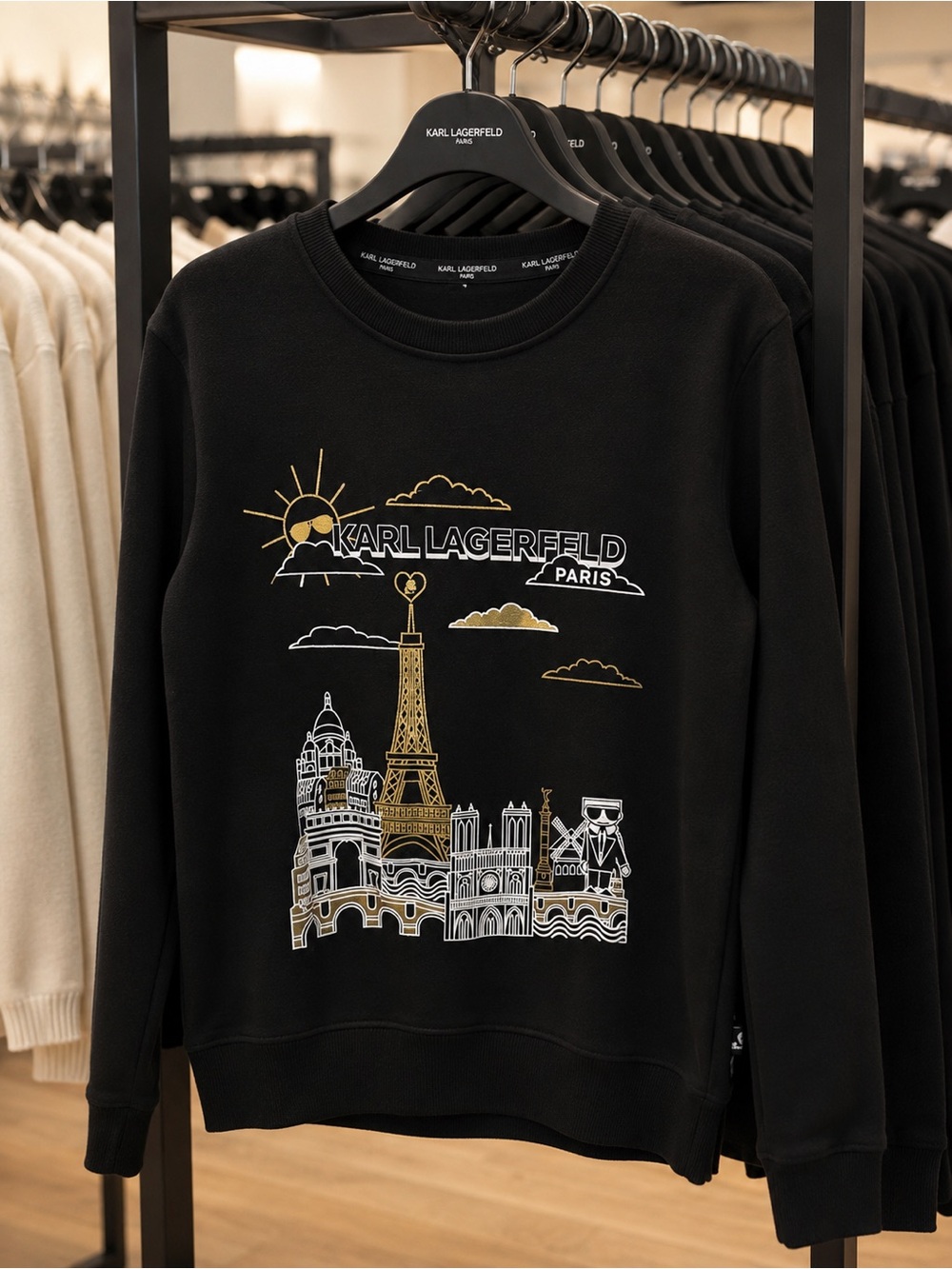 Karl Lagerfeld Black Crewneck Sweater with Gold and White Paris Motif